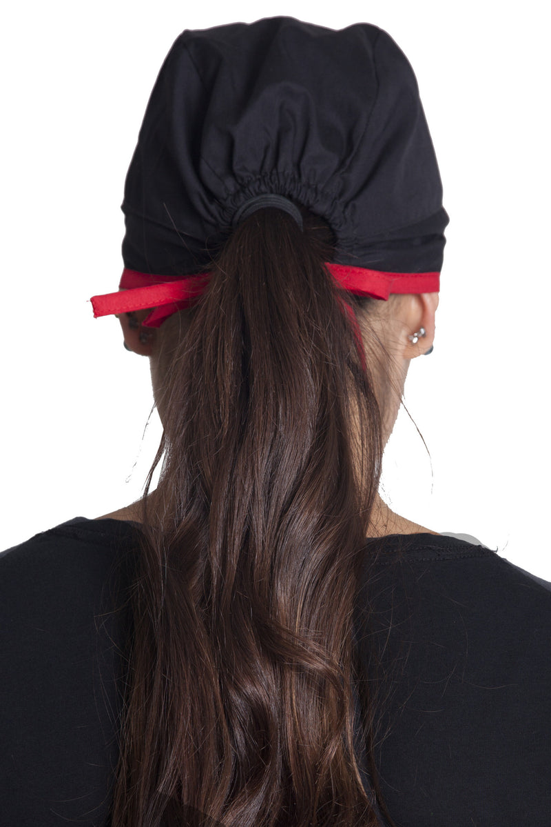 Fiumara Apparel Fitted Surgical Cap with Ties Back Black with Red Ties