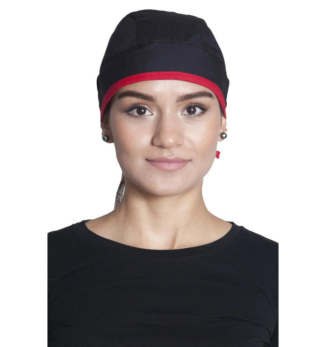 Fiumara Apparel Fitted Surgical Cap with Ties Front Black with Red Ties
