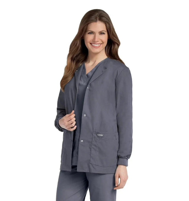 Landau Essentials Women's Warm-Up Scrub Jacket 7525 -Steel Grey-Frontview