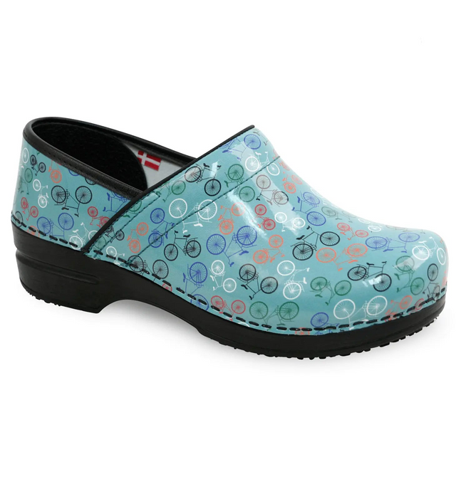 Sanita Auburn Women's Bicycle Print Patent Leather Teal Medical Clog - side view