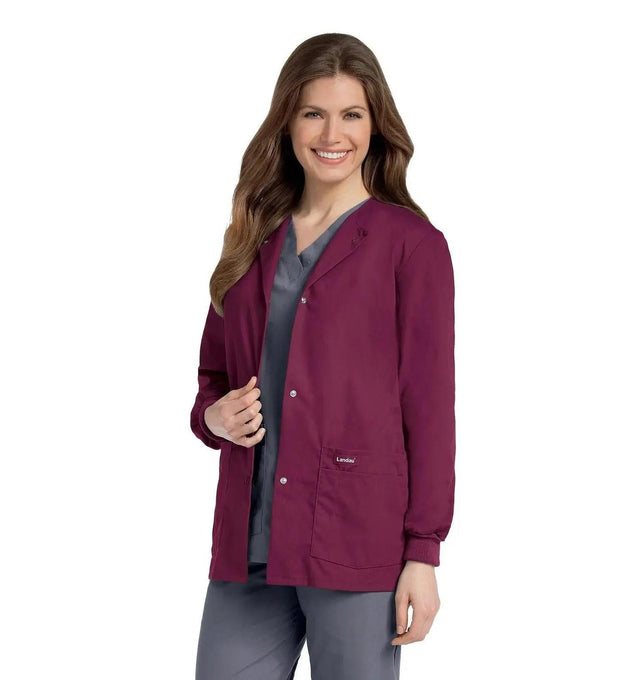 Landau Essentials Women's Warm-Up Scrub Jacket 7525 -Wine-Frontview