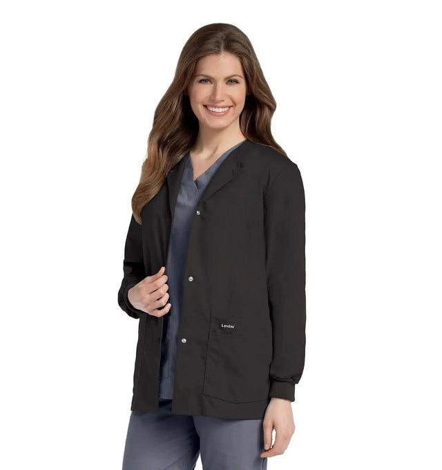 Landau Essentials Women's Warm-Up Scrub Jacket 7525 -Black-Frontview