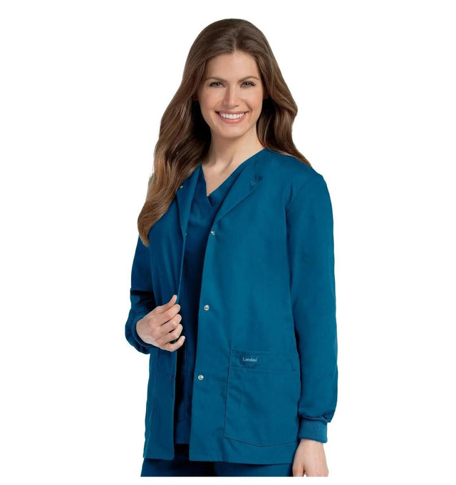 Landau Essentials Women's Warm-Up Scrub Jacket 7525 -Caribbean Blue-Frontview