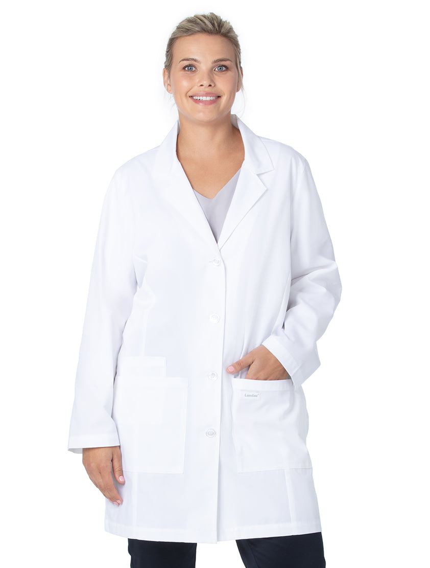 Landau Women's 3-Pocket Mid-Length Lab Coat 3600SC -White Sanded-Frontview