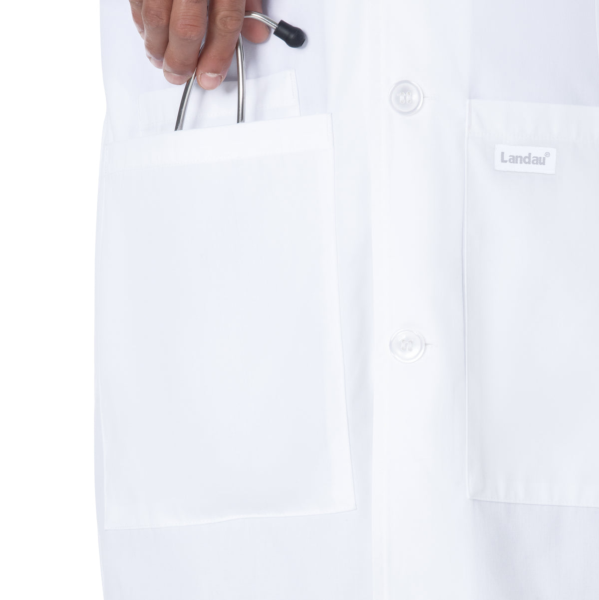 Landau Unisex 4-Pocket Mid-Length Lab Coat 3610SC -White Sanded-Pocketview