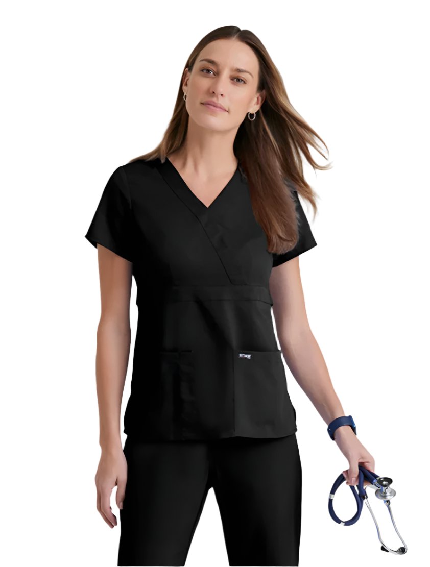 Grey's Anatomy™ by Barco Riley 3-Pocket Mock Wrap V-Neck Scrub Top-Black