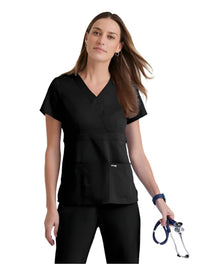 Grey's Anatomy™ by Barco Riley 3-Pocket Mock Wrap V-Neck Scrub Top-Black