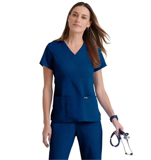 Grey's Anatomy™ by Barco Riley 3-Pocket Mock Wrap V-Neck Scrub Top-Indigo