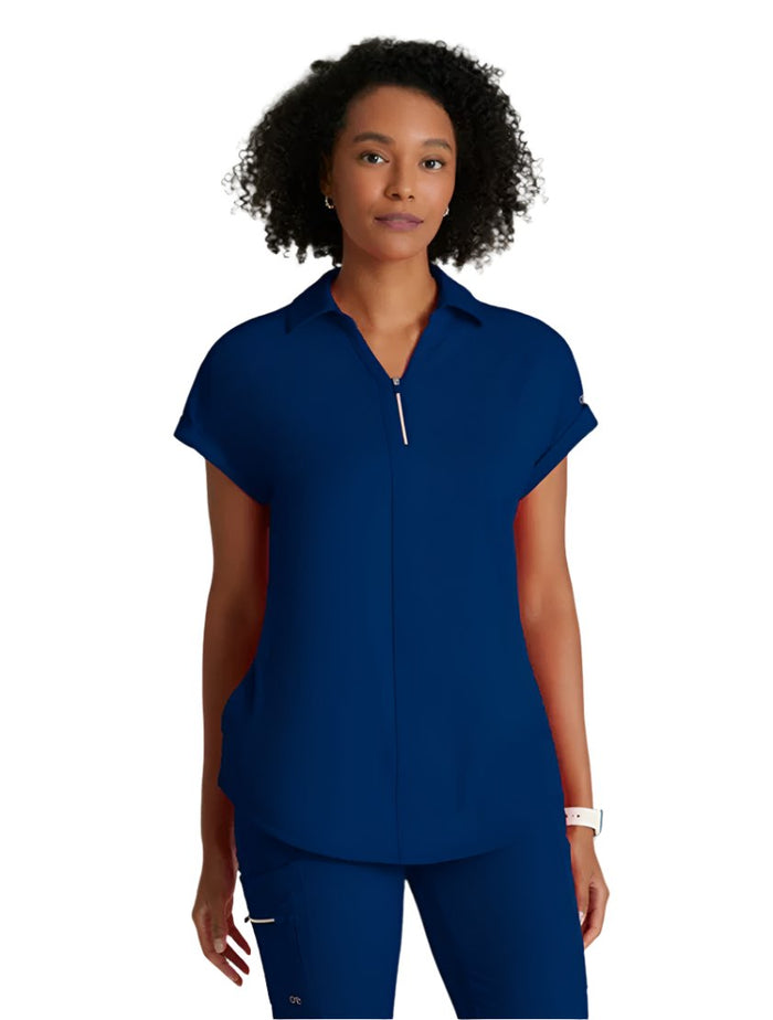 Barco One Performance Knit by Barco Engage Knit 2-Pocket Zip-Neck Dolman Scrub Top - Indigo