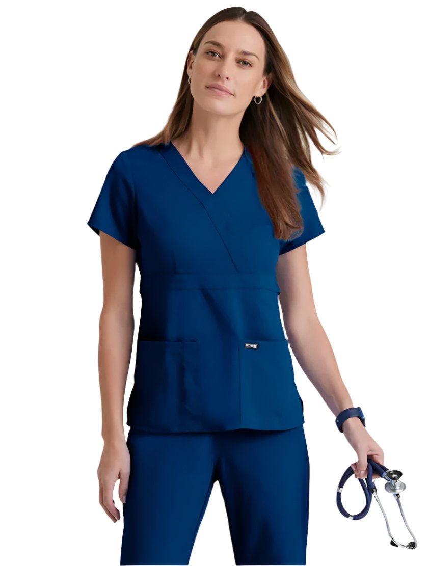 Grey's Anatomy™ by Barco Riley 3-Pocket Mock Wrap V-Neck Scrub Top-Indigo