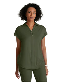 Barco One Performance Knit by Barco Engage Knit 2-Pocket Zip-Neck Dolman Scrub Top - Olive