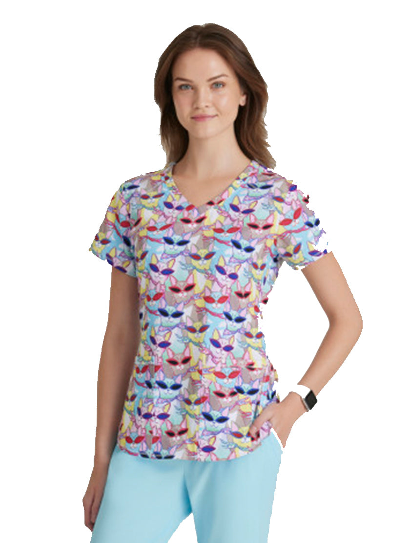 SKECHERS™ by Barco Essence V-Neck Animal Print Top-Windy Kitty