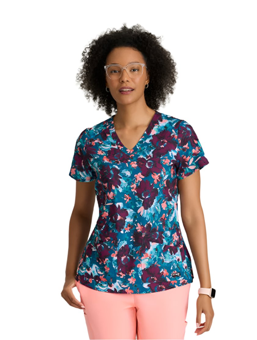 Grey's Anatomy Stretch™ by Barco Ella Print Top 4-Pocket Print Scrub Top-Spring Meadow