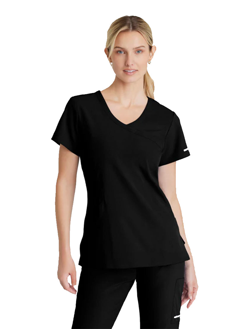 SKECHERS™ by Barco Reliance 3-Pocket Crossover V-Neck Scrub Top-Black