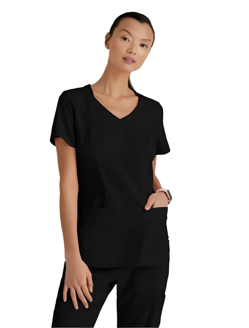 Grey's Anatomy Stretch™ by Barco Carly 3-Pocket Curved V-Neck Scrub Top-Black