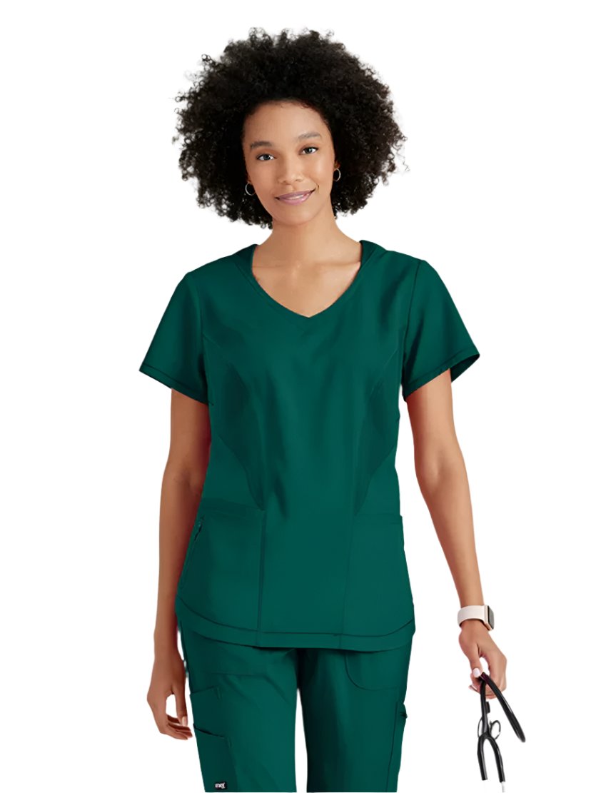 Grey's Anatomy Stretch™ by Barco Carly 3-Pocket Curved V-Neck Scrub Top-Hunter Green