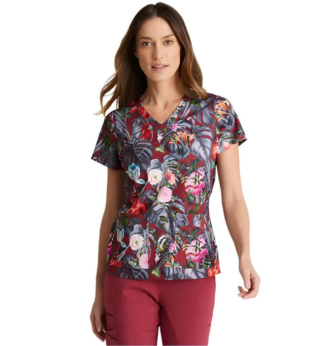Grey's Anatomy Stretch™ by Barco Ella Print Top 4-Pocket Print Scrub Top-Palm Garden