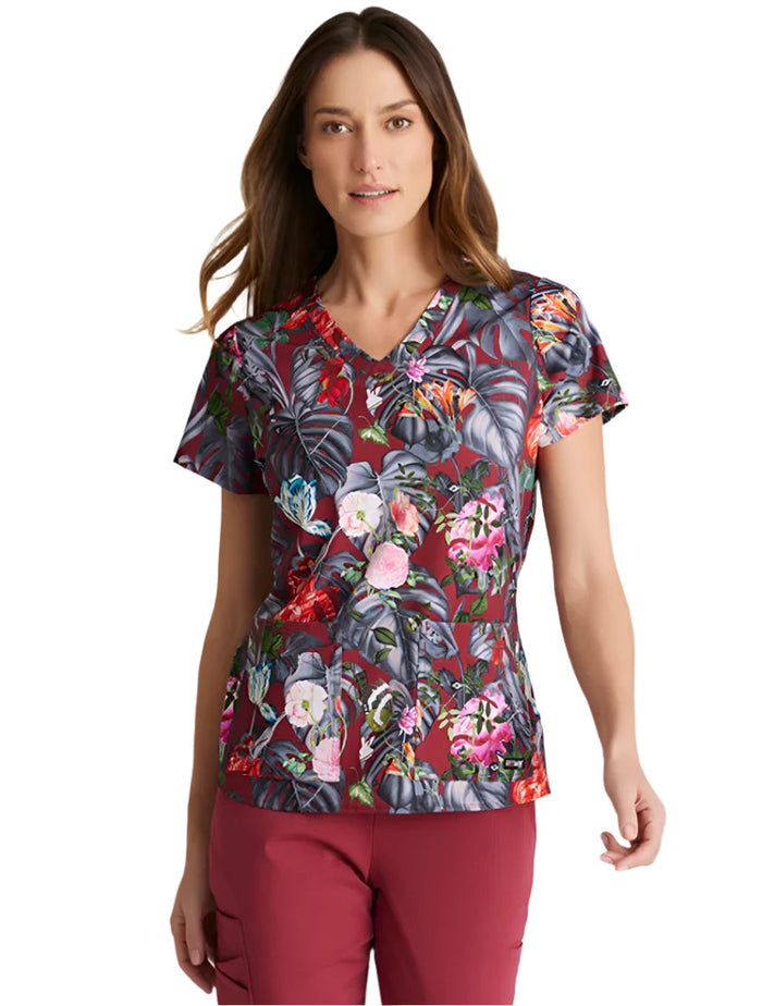 Grey's Anatomy Stretch™ by Barco Ella Print Top 4-Pocket Print Scrub Top-Palm Garden