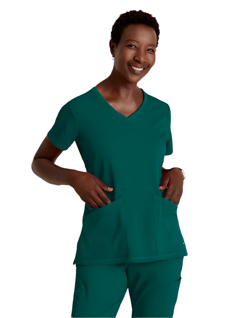 Grey's Anatomy Stretch™ by Barco Serena 3-Pocket Curved V-Neck Scrub Top-Hunter green