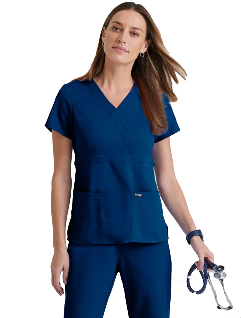 Grey's Anatomy™ by Barco Riley 3-Pocket Mock Wrap V-Neck Scrub Top-Indigo