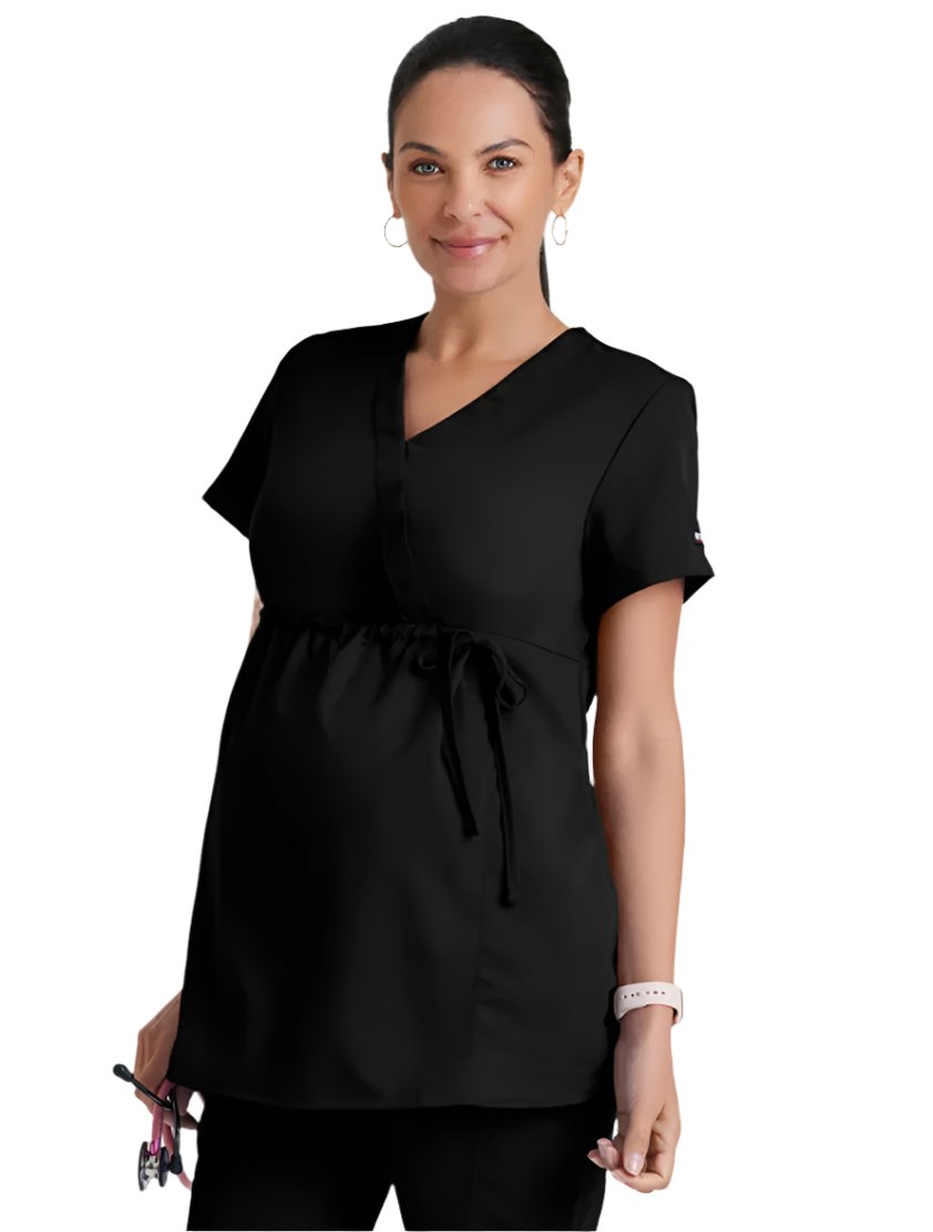 Grey's Anatomy™ by Barco Lilah 2-Pocket Mock Wrap Maternity Scrub Top-Black