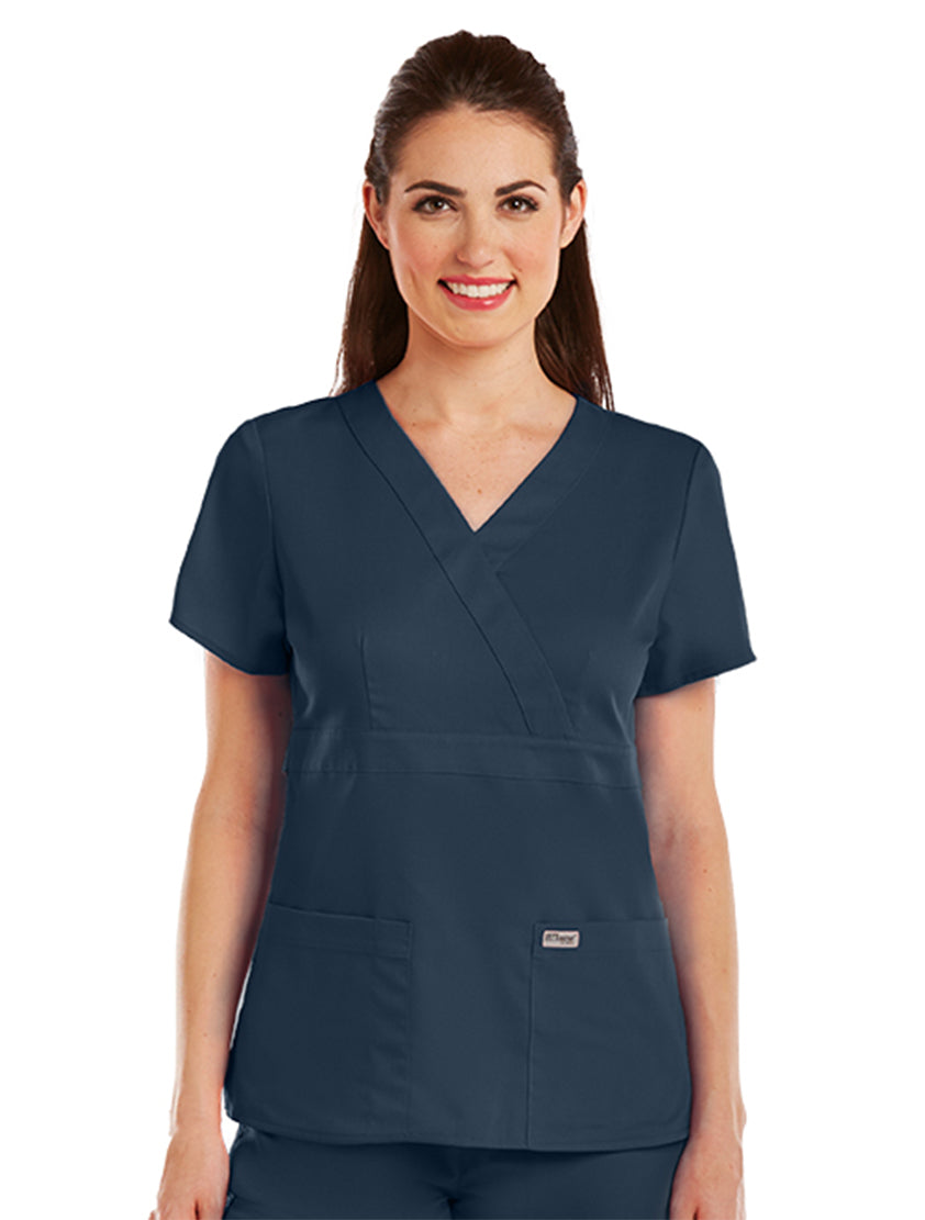 Grey's Anatomy™ by Barco Riley 3-Pocket Mock Wrap V-Neck Scrub Top-Steel