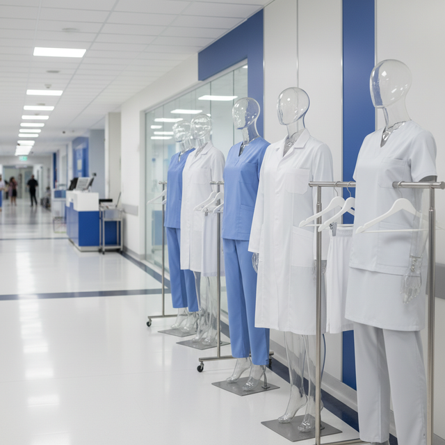 make me image for medical closes store, section "Medical Grade Quality
Designed with clinical environments in mind."

no text inside image
square sides ration 1:1