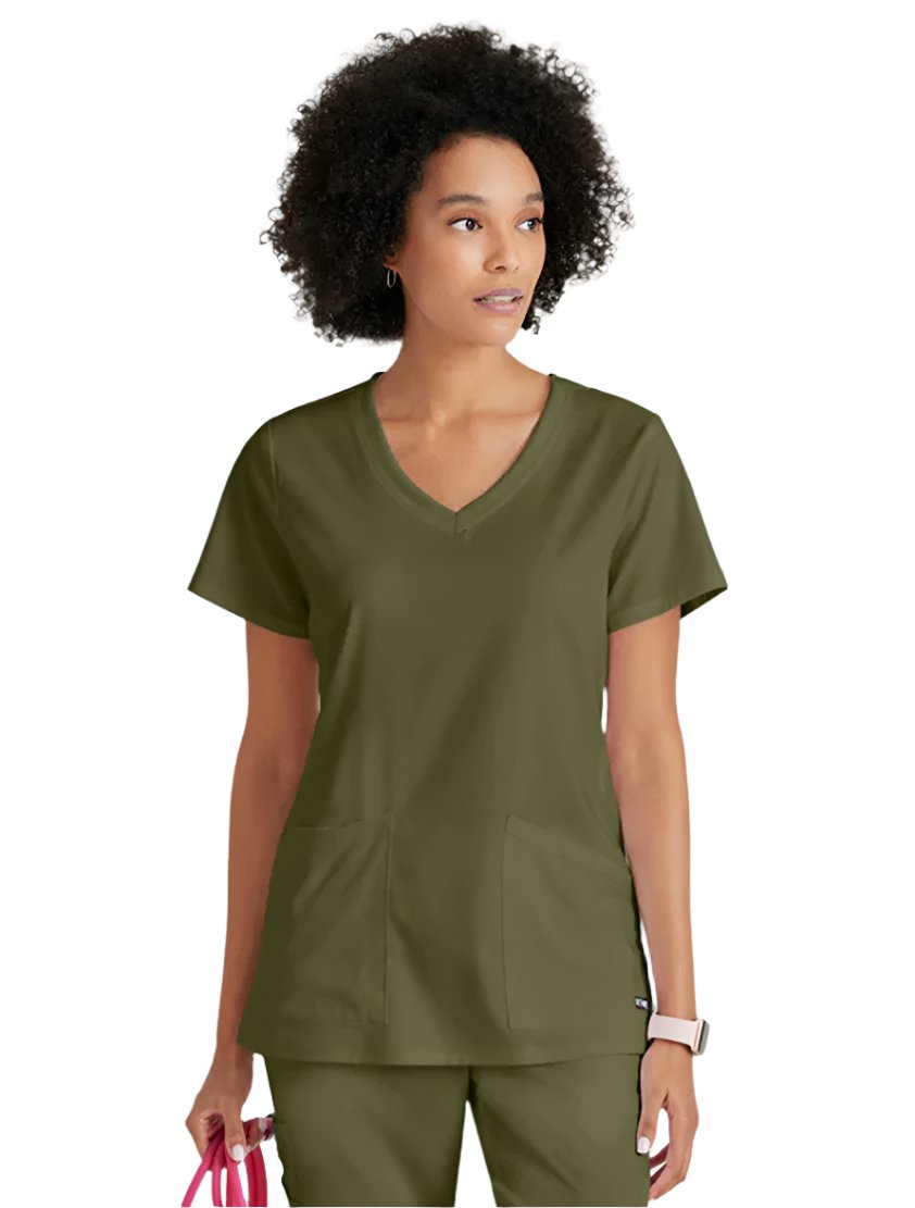 Grey's Anatomy Stretch™ by Barco Serena 3-Pocket Curved V-Neck Scrub Top-Olive