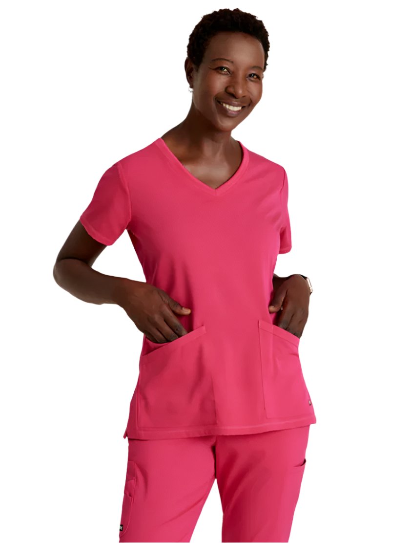 Grey's Anatomy Stretch™ by Barco Serena 3-Pocket Curved V-Neck Scrub Top-Vibrance Pink