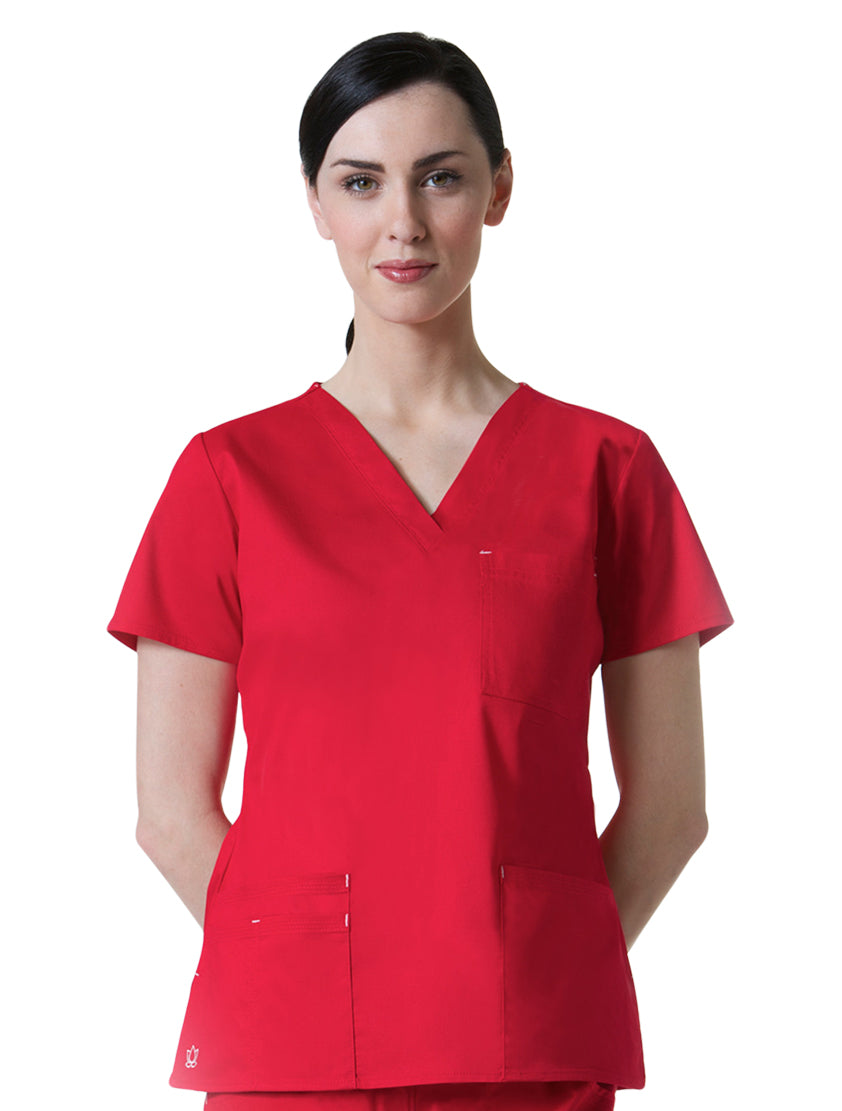 Maevn Women's Blossom 3 Pocket V-Neck Scrub Top Crimson