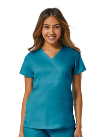 Back Mesh Panel Mock Wrap Top Teal Blue