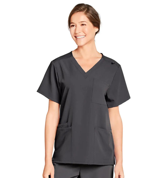 Jockey Unisex Four Pocket Top- Lady Model Front Image, Charcoal