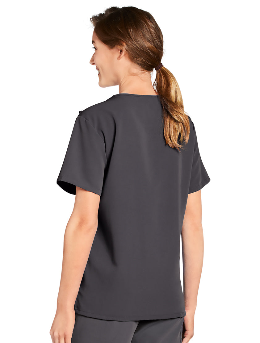 Jockey Unisex Four Pocket Top- Lady Model Side Image, Charcoal