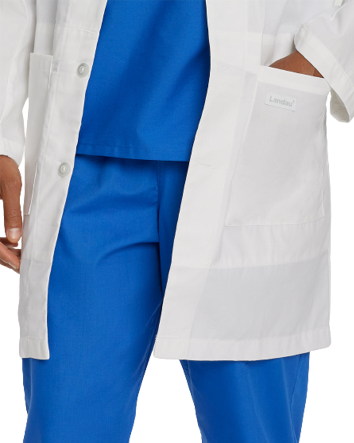 Landau Unisex 3-Pocket Full-Length Lab Coat 3187 -White-Front Closeview