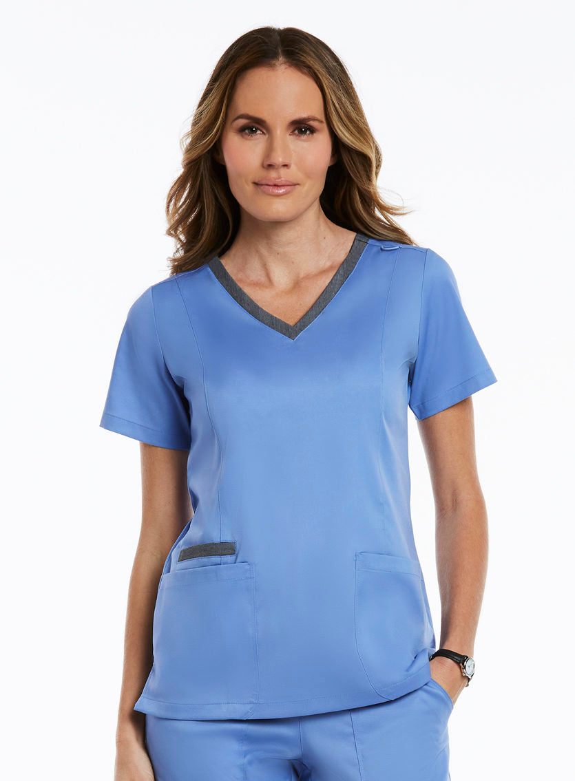 Contrast Double V-Neck Top Ceil Blue