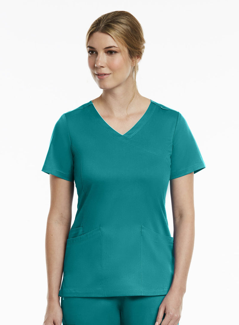  Curved Mock Wrap Top Teal