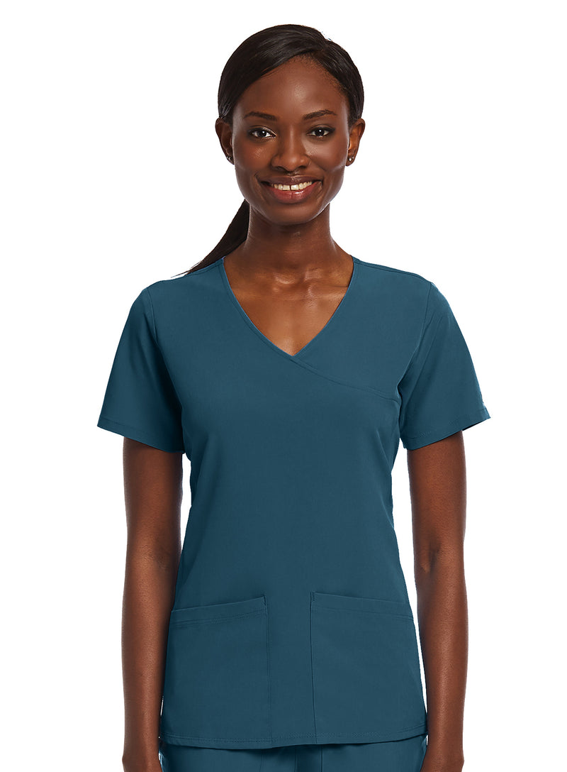 Kinitted Panel Mock Wrap Top Caribbean Blue Front