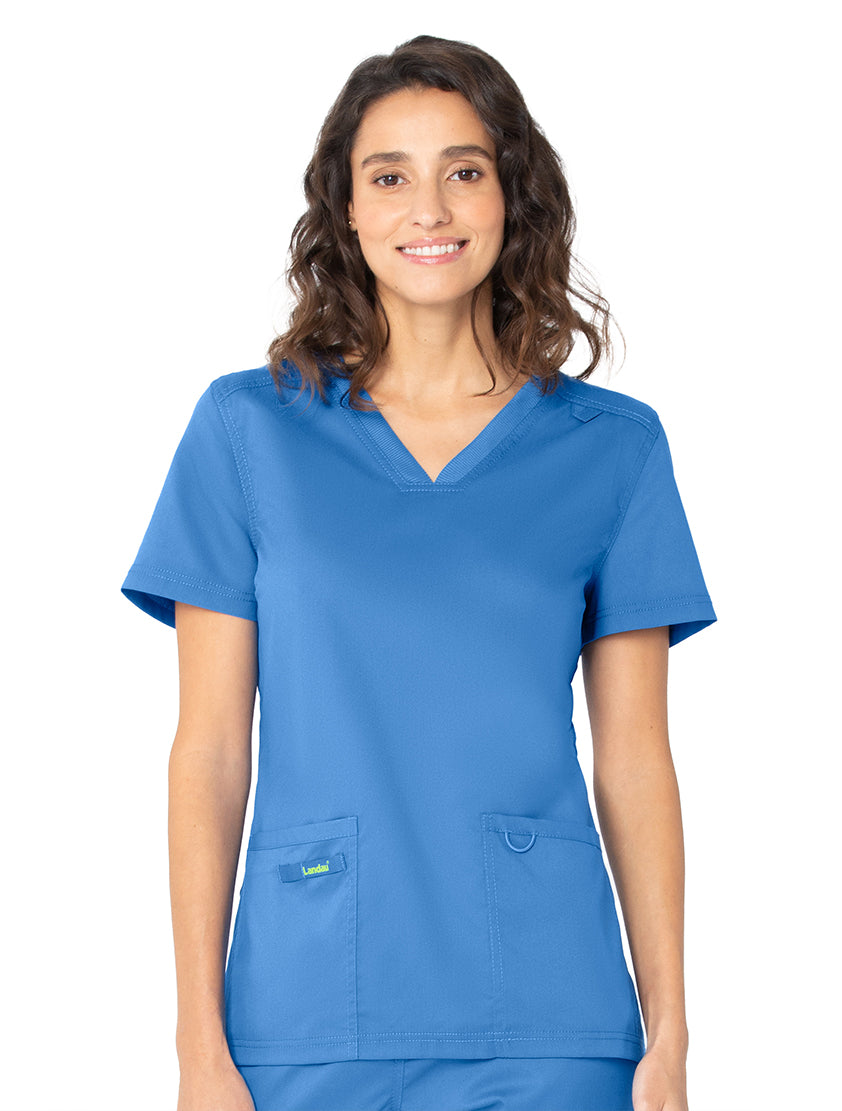 Landau ProFlex Women's 2-Pocket V-Neck Scrub Top 4168 -Ceil -frontview