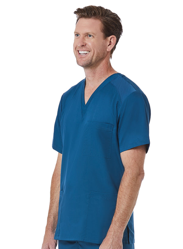 Men back Mesh Panel 3-Pocket V-Neck Top Caribbean Blue Sideview