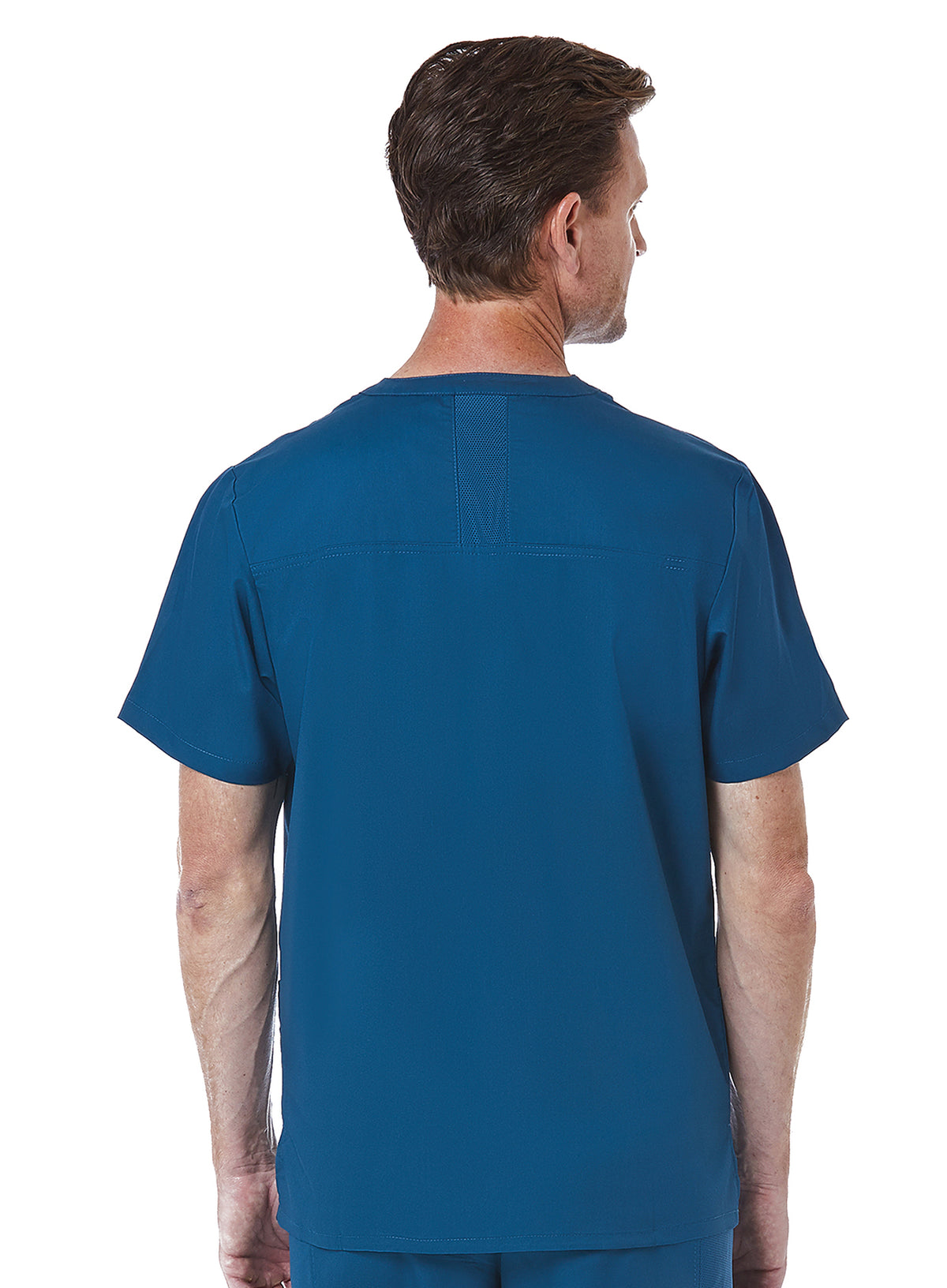 Men back Mesh Panel 3-Pocket V-Neck Top Caribbean Blue Back