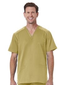 Men back Mesh Panel 3-Pocket V-Neck Top Khaki Front