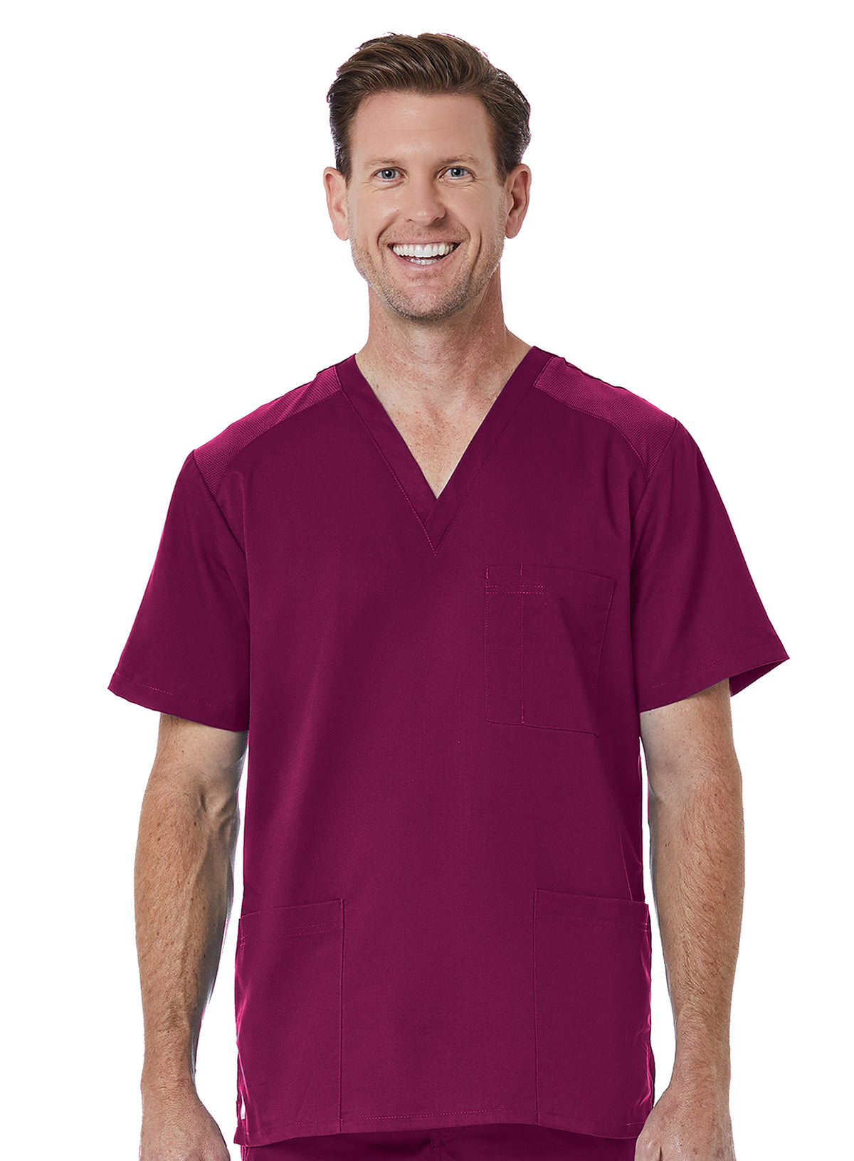 Men back Mesh Panel 3-Pocket V-Neck Top Wine Front