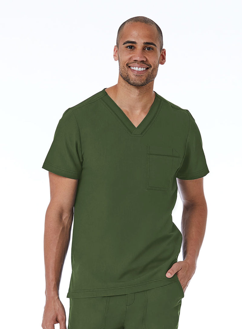 Men's Contrast Piping V-Neck Top Olive Front 