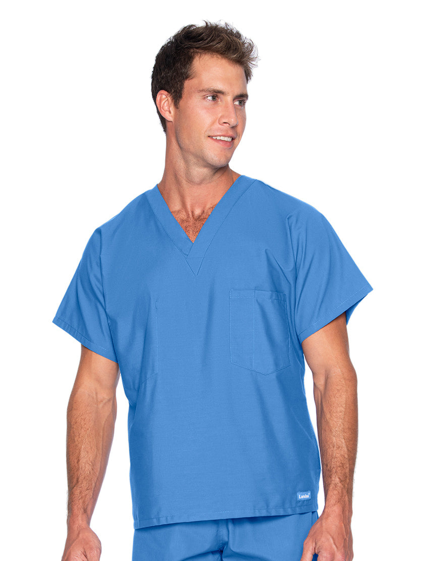 Landau Essentials Unisex 1-Pocket V-Neck Scrub Top 7502 -Ceil Blue-Frontview