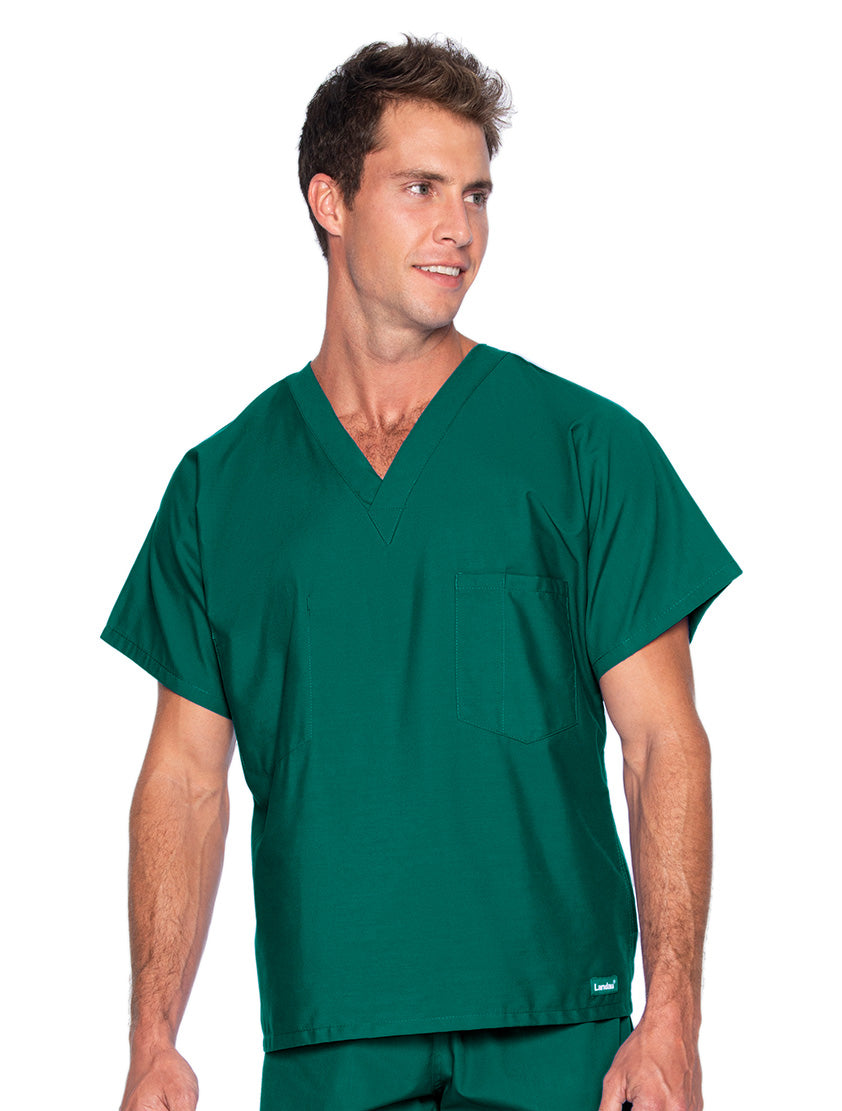 Landau Essentials Unisex 1-Pocket V-Neck Scrub Top 7502 -Hunter Green-Frontview