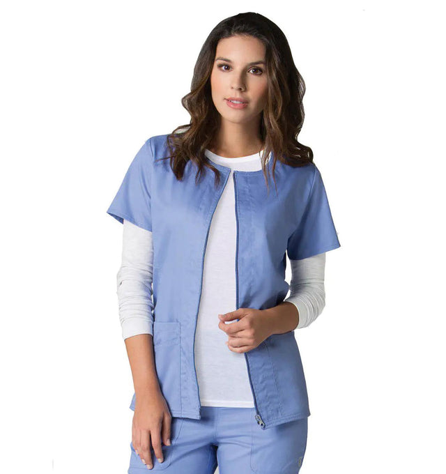 Back Mesh Panel Short Sleeve Zip Front Ceil Blue