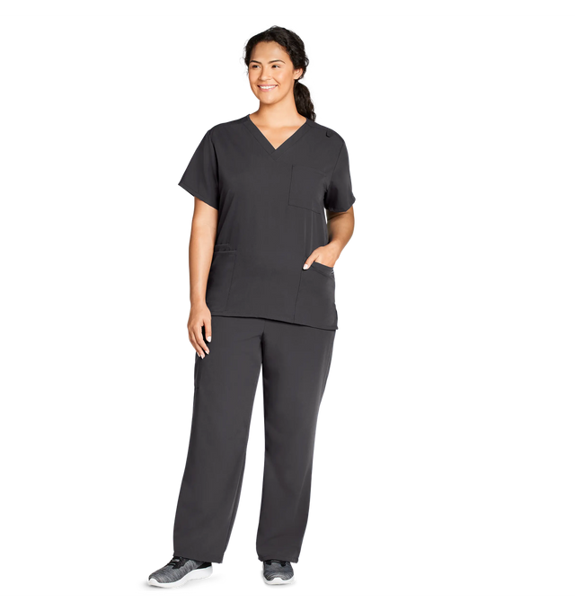 Jockey Unisex Four Pocket Top- Lady Model Front Image 2, Charcoal