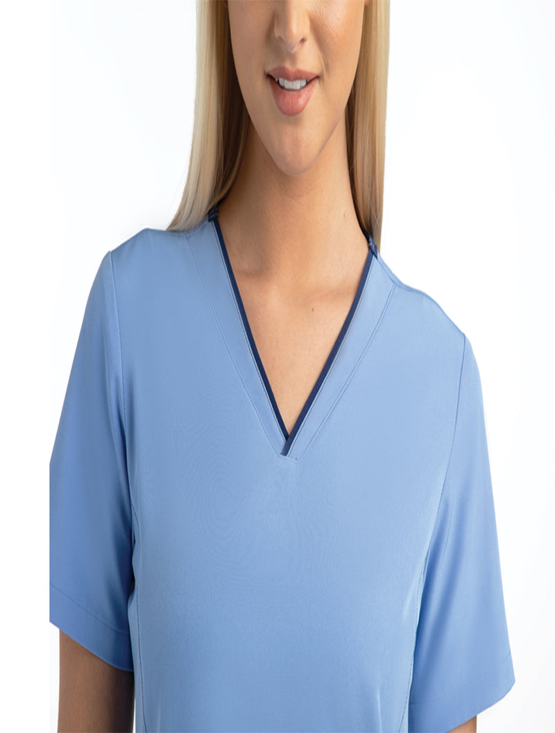 Women's Knitted Panel Mock Wrap Top Ceil Blue Neckline