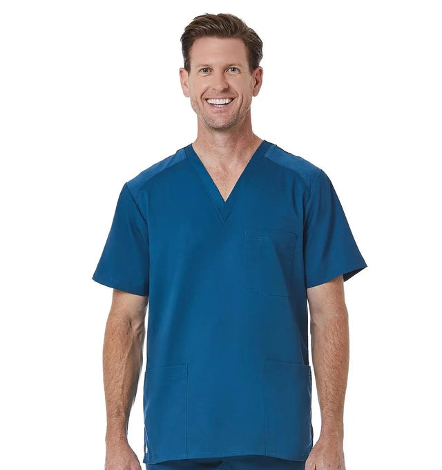 Men back Mesh Panel 3-Pocket V-Neck Top Caribbean Blue Front