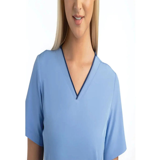 Women's Knitted Panel Mock Wrap Top Ceil Blue Neckline
